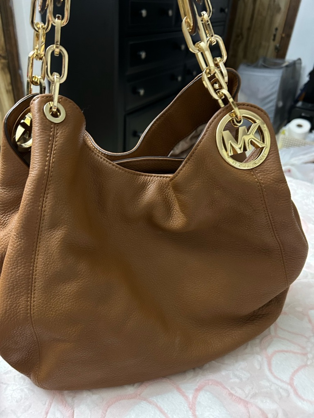 Michael Kors Brown Leather Shoulder Hobo with Gold MK Charm - Picture 2 of 8